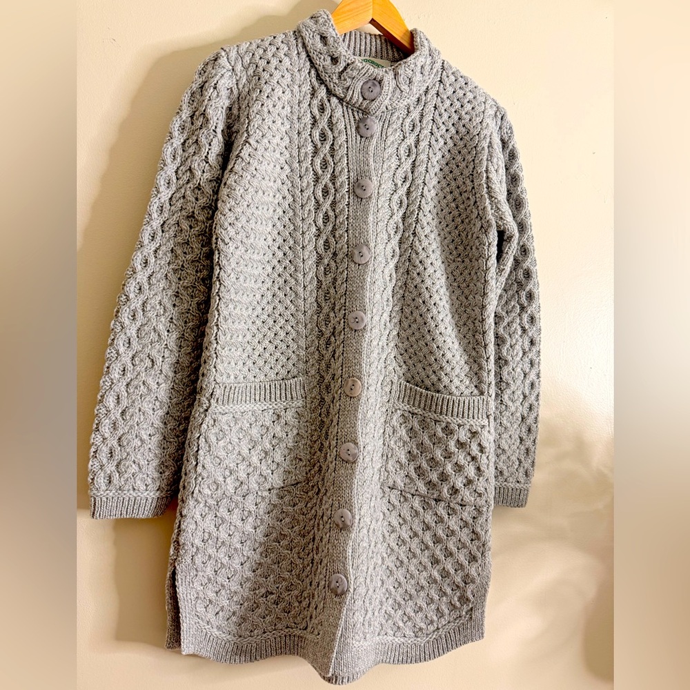 vintage Aran‎ Crafts Heather Gray Wool Irish Cardigan Long Tunic Sweater M